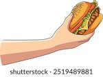 Right hand holding burger illustration isolated on white background.