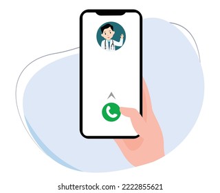 right hand holding cell phone making phone call to doctor online. online doctor consultation. flat design illustration vector