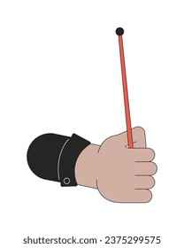 Right hand holding drumstick drum linear cartoon character hand illustration. Equipment for beating drum outline 2D vector image, white background. Drummer rhythm editable flat color clipart