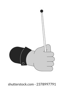 Right hand holding drumstick drum cartoon human hand outline illustration. Equipment for beating drum 2D isolated black and white vector image. Drummer rhythm flat monochromatic drawing clip art