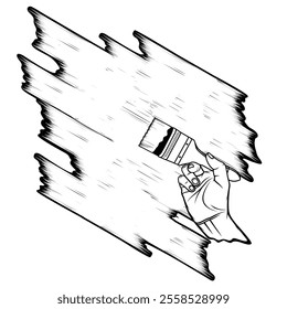 right hand holding a paint brush painting a color wall black and white vector