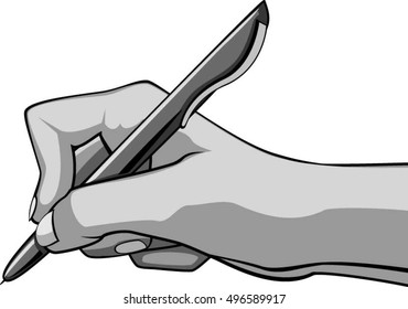 Right hand holding a pen, black and white, isolated