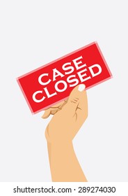 right hand holding red card with case closed text, vector illustration