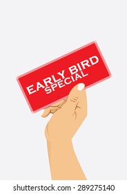 right hand holding red card with early bird special text, vector illustration
