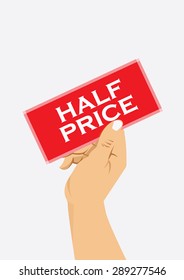 right hand holding red card with half price text, vector illustration
