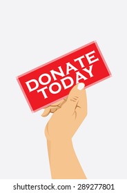 right hand holding red card with donate today text, vector illustration
