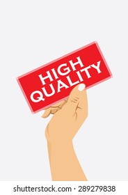 right hand holding red card with high quality text, vector illustration