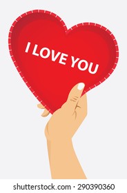 right hand holding red heart with i love you text, vector illustration