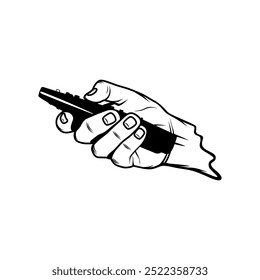 right hand holding the remote side view black and white vector line art