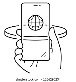 Right hand holding smartphone. Augmented reality technology. Integration of digital information with the user's environment in real time. Vector outline icon isolated on white background.