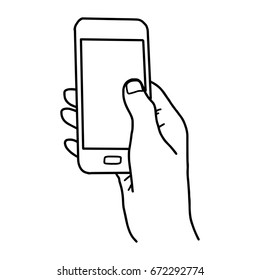 right hand holding smartphone with blank space - vector illustration sketch hand drawn with black lines, isolated on white background