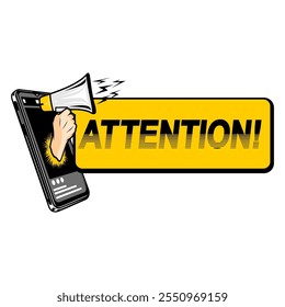 right hand holding the speaker, there is an attention text from the cell phone vector illustration