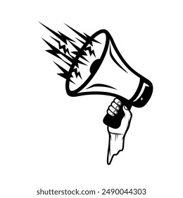 la mano derecha sostiene un Vector de arte en línea de altavoz en blanco y negro