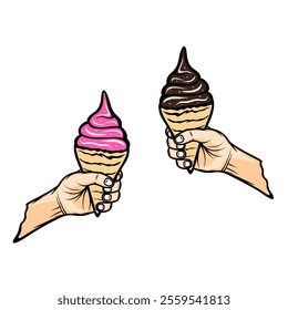 right hand holds chocolate ice cream left hand holds pink ice cream vector illustration