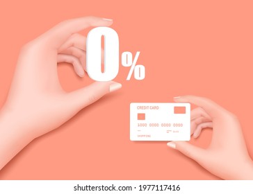 The right hand holds the credit card and the left hand holds the  0% text all object on pastel pink background  for shopping and financial concept, vector 3d isolated, Zero percent fee promotion