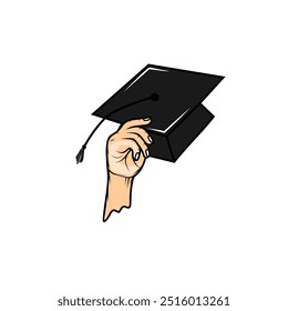 right hand holds graduation cap up vector illustration
