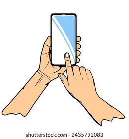 right hand holds the phone left hand touches the screen vector illustration