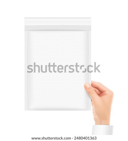 The right hand holds poly bubble mailer padded envelope shipping bag mockup. Vector illustration isolated on white background. Ready for your design. EPS10.