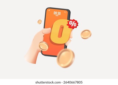 Right hand holds a red 3D 0% number and money or gold coins and dollar bills floating in the air around it for designing advertisements with no fees and zero percent interest, vector 3d isolated