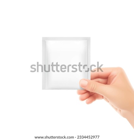 The right hand holds the sachet package. Vector illustration isolated on a white background. Can be used to present your product. EPS10.	