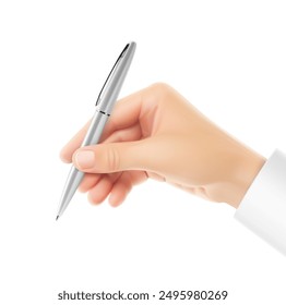 The right hand holds silver ball pen mockup. Vector illustration isolated on white background. Ready for your design, promo, identity and etc. EPS10.