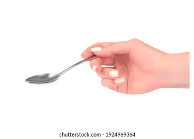 The Right Hand Holds A Silver Spoon. 3d Vector Illustration