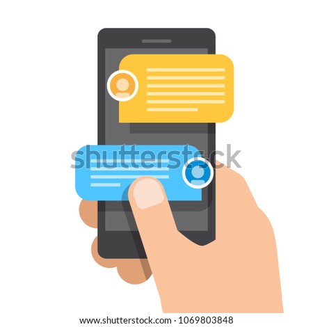 Right hand holds smartphone. Chat messages notification on smartphone. Vector illustration