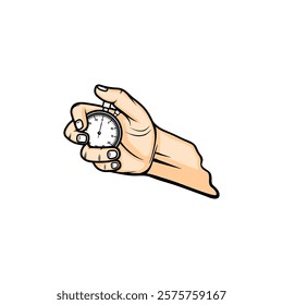 right hand holds a stopwatch timing device vector illustration