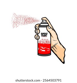 right hand holds a tube bottle of red spray paint for coloring vector illustration