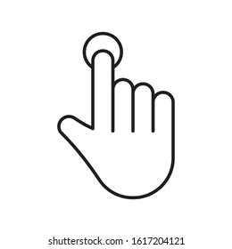 Right hand icon. Linear image for touch control logo. Black simple illustration. Contour isolated vector image on white background. Index finger pressing round button or screen. Symbol of choice, vote