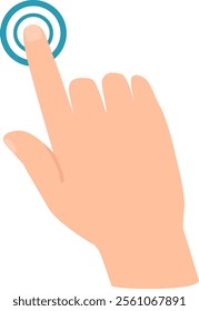 Right hand with index finger extended touching a digital screen and activating a virtual button, symbolizing interaction with technology, digital interfaces, and user experience design