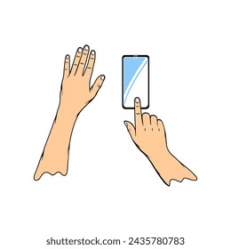 right hand index finger touches smartphone on table vector illustration