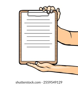 right hand and left hand hold showing the paper sheet clipboard vector illustration