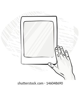 right hand on the tablet new technology monochrome illustration on white background 