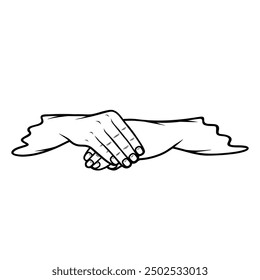 right hand over left hand front view in black and white vector line art