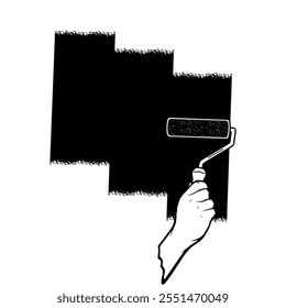 Mano derecha pintando una pared con un rodillo de pintura de pared Vector blanco y negro