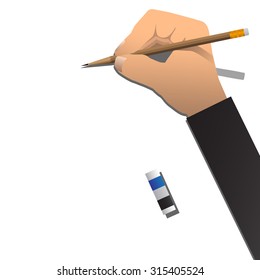 Right Hand With Pencil And Eraser On White Background. Vector Illustration