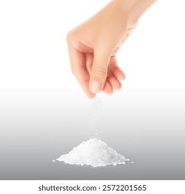 Right hand pours salt on heap. Realistic vector illustration isolated on gradient background. Great for your design. EPS10.