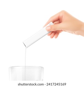 Right hand pours stick pack liquid into glass. Vector illustration isolated on a white background. Ready for use in presentation, promo, advertising and more. EPS10.