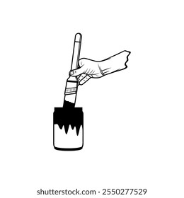 right hand puts the brush into the paint container black and white vector line art