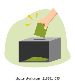 La mano derecha coloca el papel en la caja.  Una ilustración de cómo se ahorra dinero o se vota durante las elecciones