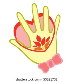 A right hand with ribbon and some flower tattoo, touching a heart.