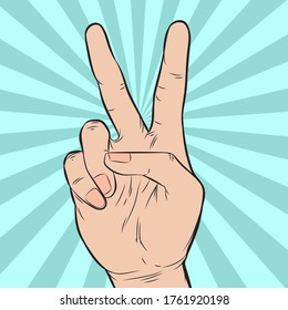 The Right Hand Shows Two Fingers. Pop Art Retro Illustration Comic Style Vector