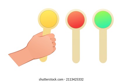 Right hand with signal flag of train conductor from railway. Object isolated on white background. Funny cartoon style. Vector.