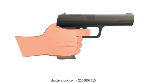 A la derecha con pistola de combate de arma de fuego estándar. Objeto aislado en fondo blanco. Divertido estilo de caricatura. Vector.