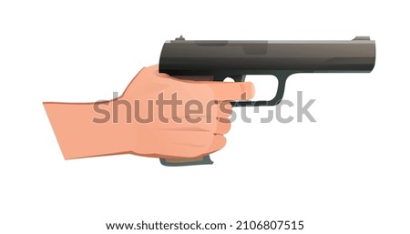 Right hand with standard firearm combat pistol. Object isolated on white background. Funny cartoon style. Vector.