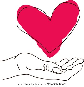 Right hand supports the red heart. Contour illustration. mercy, help, sympathy, support.