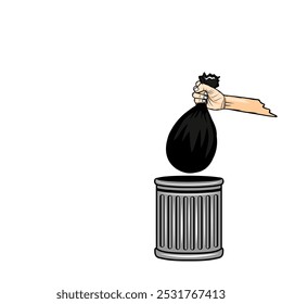 right hand throws garbage into the trash can vector illustration