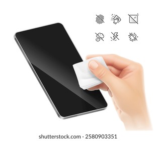 Right hand wipes display of mobile phone with a napkin mockup with set icons. Realistic vector illustration isolated on a white background. Ready for use in presentation, promo, advertising. EPS10.