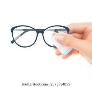 Right hand wipes glasses with a napkin. Realistic vector illustration isolated on a white background. Ready for use in presentation, promo, advertising and more. EPS10.